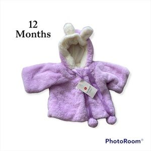 NWT 🔖 Baby Faux Fur Coat | Lavender | Size 12 Months | hood with ears | buttons